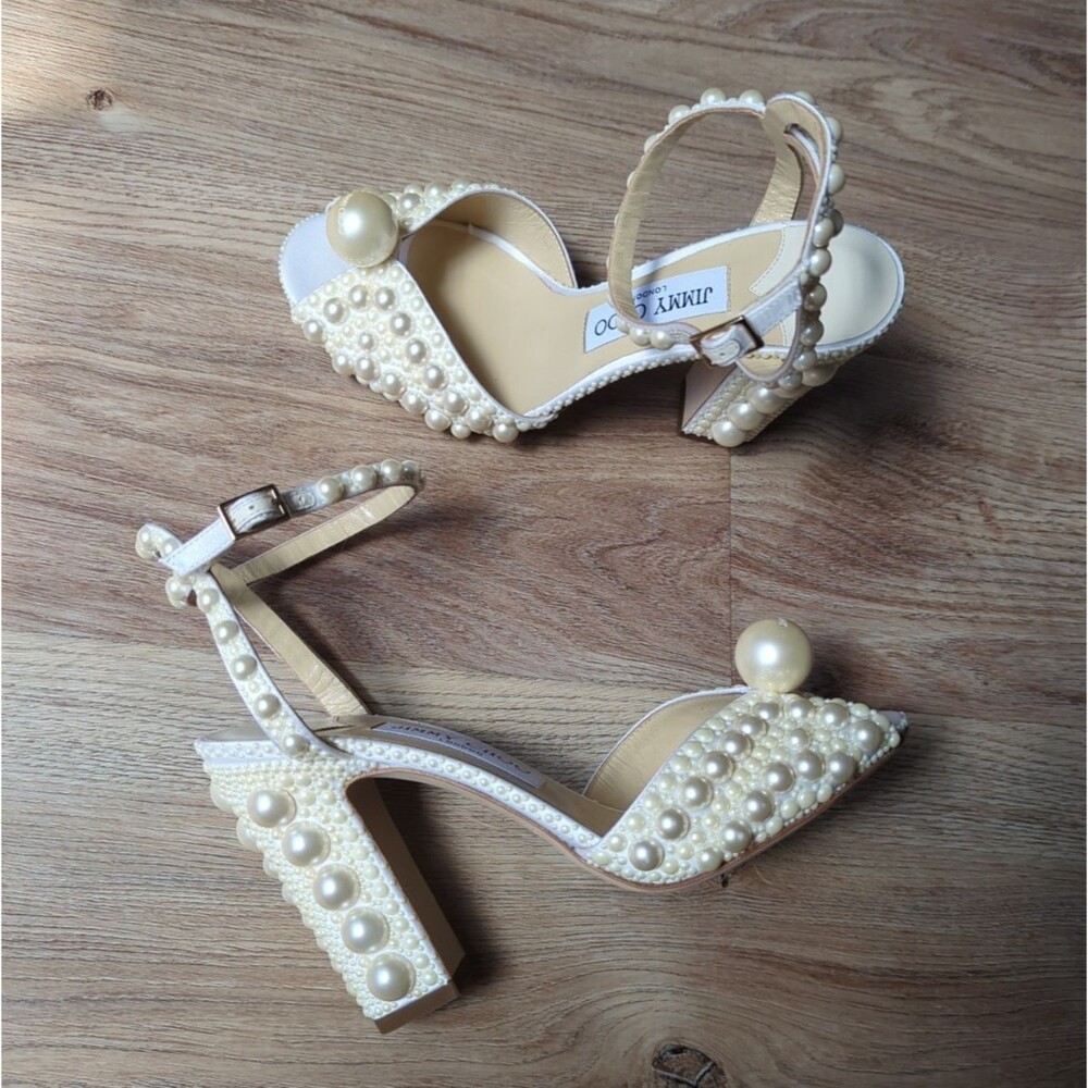 Jimmy Choo Pearl-Embellished Ivory Block Heel Sandals - Picture 6 of 15